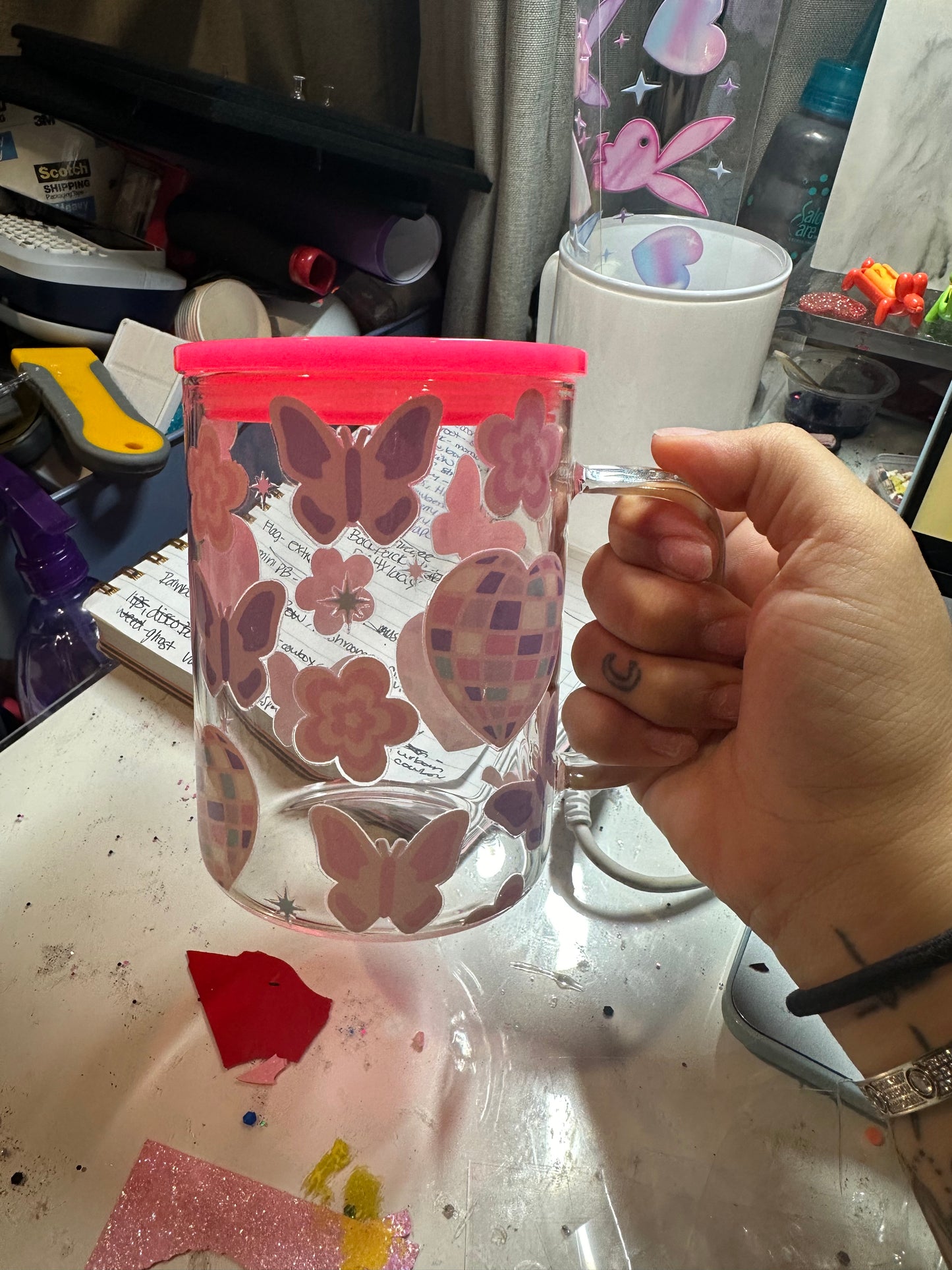 y2k butterfly, flower glass mug