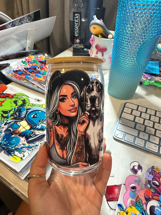 tatted girls & dog glass cup